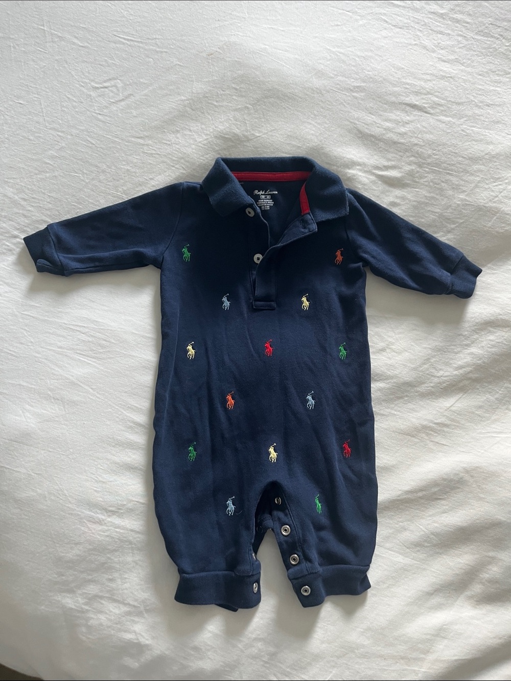Ralph Lauren Navy Polo One-Piece with Multicolor Pony Embroidery